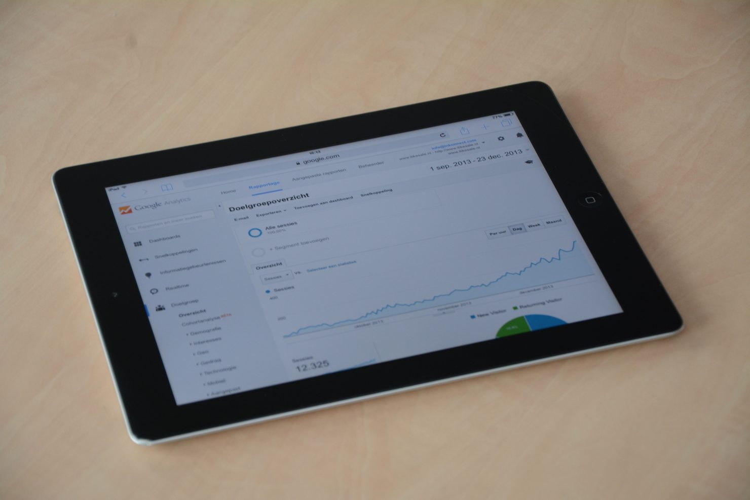 A tablet displaying a web analytics dashboard with a traffic trend line and visitor breakdown