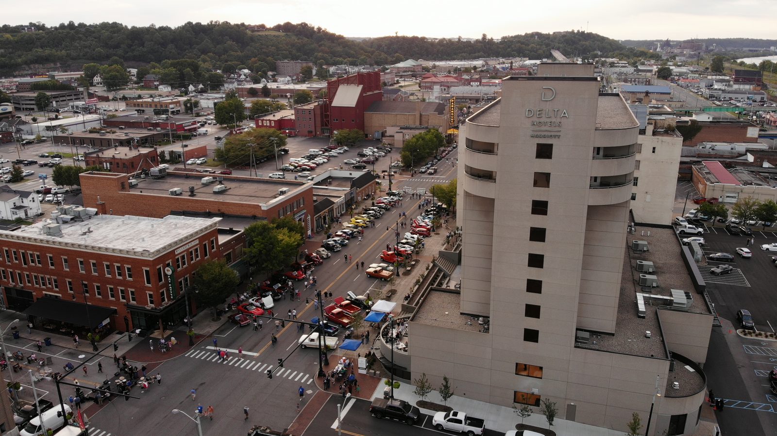 Aerial view of downtown Ashland, Kentucky during a community car show on Greenup Avenue