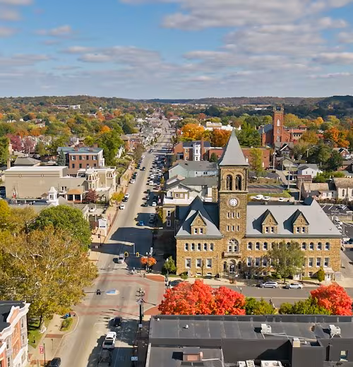 Historic downtown square in the Athens, Ohio area with restored brick architecture