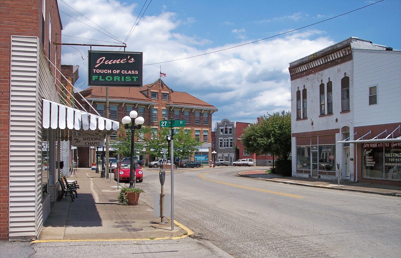 Historic downtown Catlettsburg, Kentucky with brick storefronts along Louisa Street