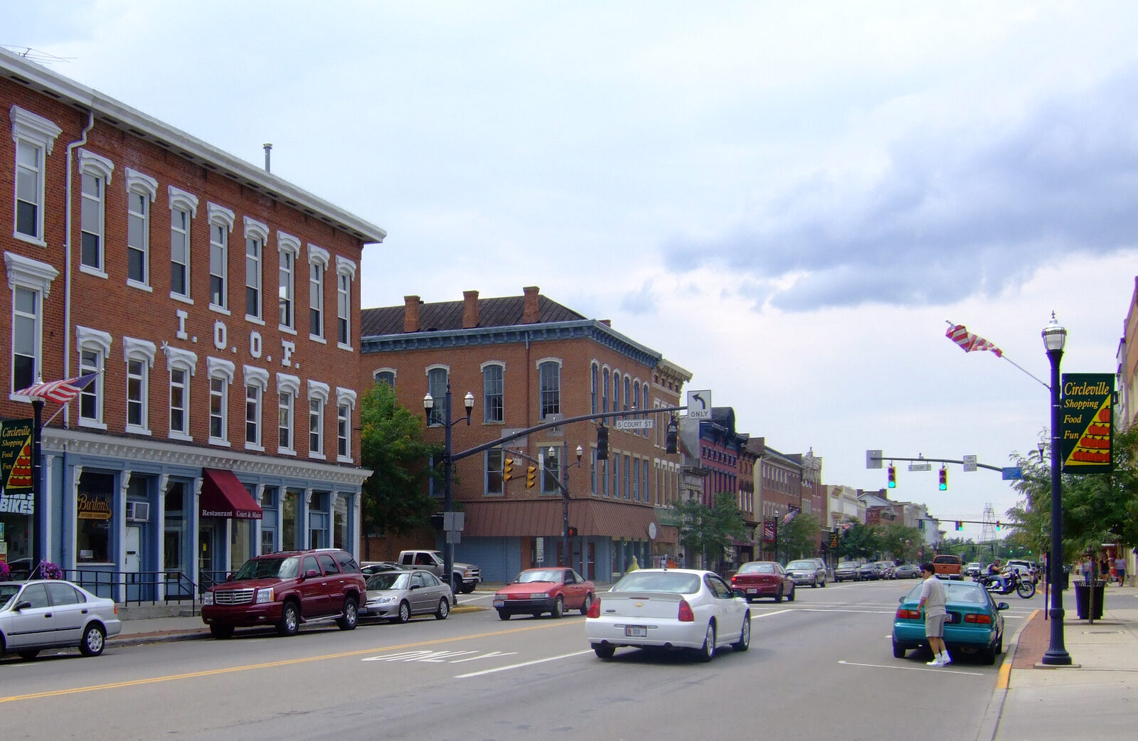 Historic downtown Circleville, Ohio along Main Street with the I.O.O.F. building visible