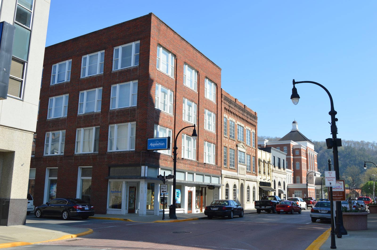 Brick storefronts on Main Street at Grace Avenue in downtown Pikeville, Kentucky