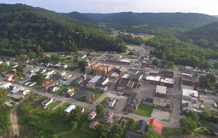 Aerial view of downtown Vanceburg, Kentucky nestled in the Ohio River hills